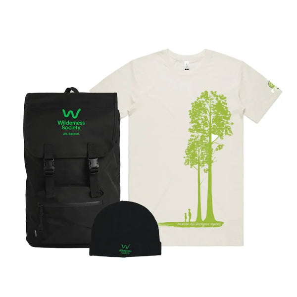 Bundle pack: Wilderness Society Recycled Field Backpack + Black Beanie + Victoria's Forests Natural Tshirt